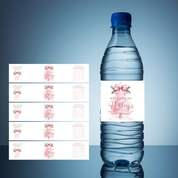 Pink Christmas Tree Water Bottle Label, Editable Holiday Party Favor, Pink Bow Baby Shower, Birthday Favor Labels, Girl's Winter Theme