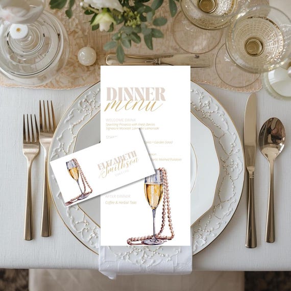 Pearls and Prosecco Dinner Menu & Guest Name Table Number Cards, Bridal Shower, Wedding Reception, Elegant Party Stationery