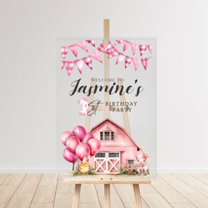 Letrero de bienvenida acrílico personalizado de cumpleaños de granja rosa - Plantilla de póster de fiesta de granja personalizada con temática de animales de granja para todas las edades