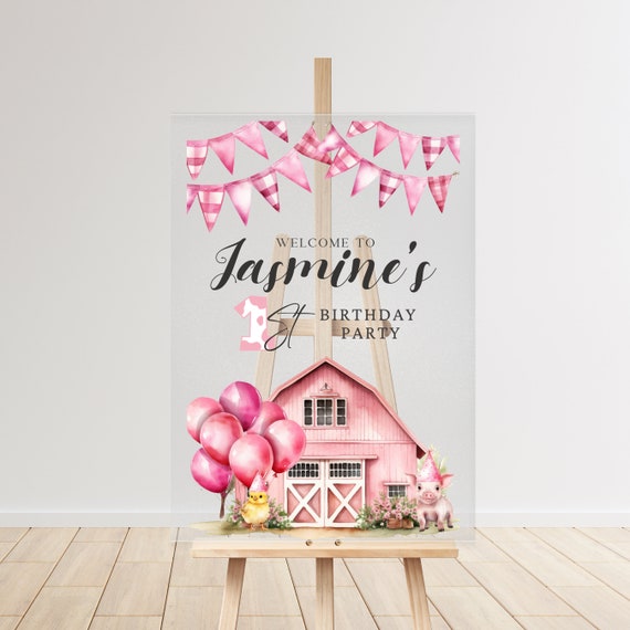 Personalized Pink Farm Birthday Acrylic Welcome Sign - Custom Barnyard Party Poster Template with Farm Animals Theme for All Ages