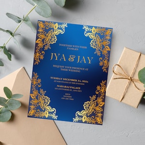 Royal Blue & Gold Indian Wedding Invitation Template | Traditional Elegant Personalized Engagement and Wedding Invitations
