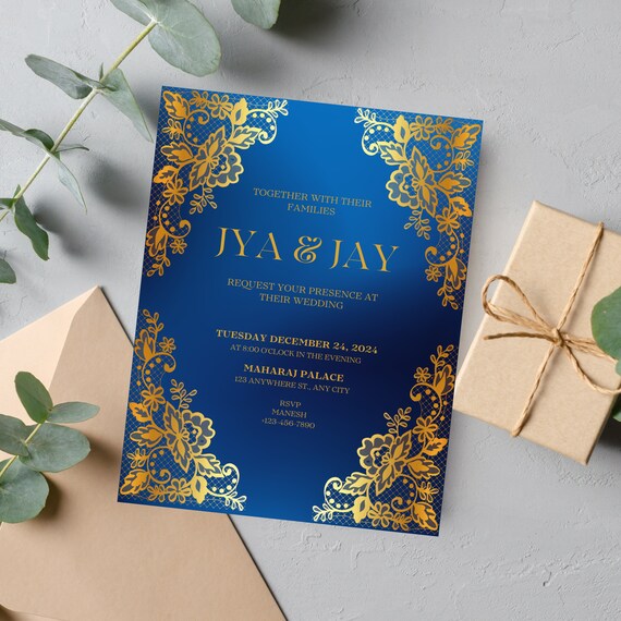 Royal Blue & Gold Indian Wedding Invitation Template | Traditional Elegant Personalized Engagement and Wedding Invitations
