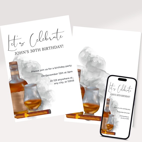 Adult Whiskey and Cigar Birthday Invitation, Editable Any Age Men's Birthday Invite, Printable Bday Invitations, #AWC