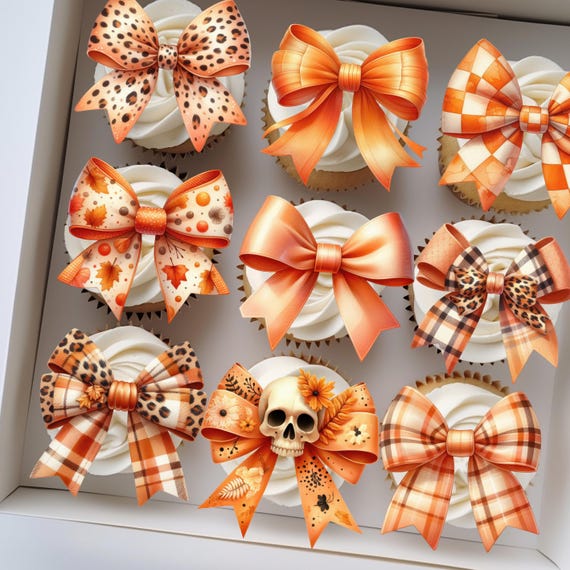 Autumn Birthday Bows Cupcake Topper, Fall Party Cake Decor, Pumpkin Themed Cake Toppers | Harvest Party Decor, Thanksgiving Baby Shower Deco