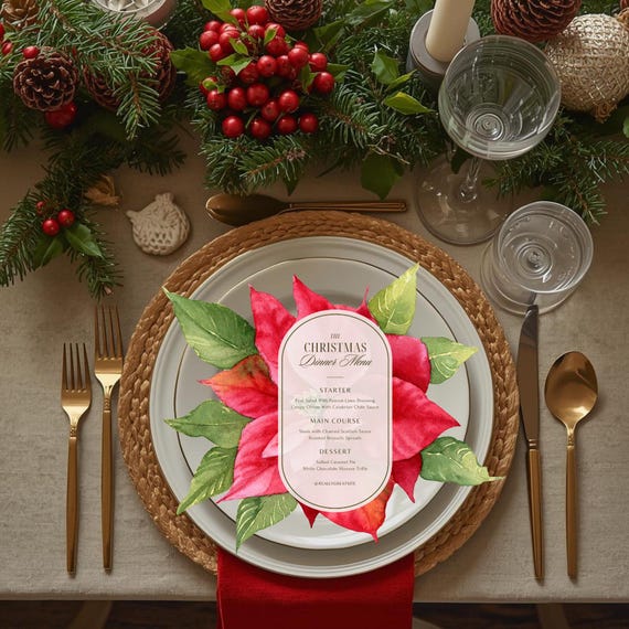 Christmas Poinsettia Shaped Dinner Menu | Holiday Party Menu Card | Winter Dinner Party Decor | Festive Christmas Table Setting