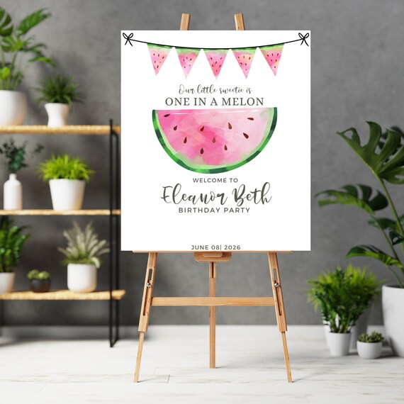 Watermelon Birthday Photo Welcome Sign, Pink Watermelon Party Banner, One in a Melon Welcome Tapestry, Instant Download #MBP