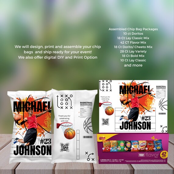 Custom Basketball Chip Bag Template - Personalized Design for Party Favors, Team Colors, Logo, and Mascot - DIY Basketball Party Decorations