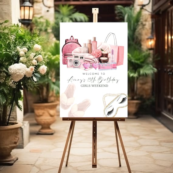Chic Pink Birthday Weekend Welcome Sign - Girls Getaway, Spa Day, Cruise, Ladies Night Out, Printable Vacation Template - Party Banner Decor