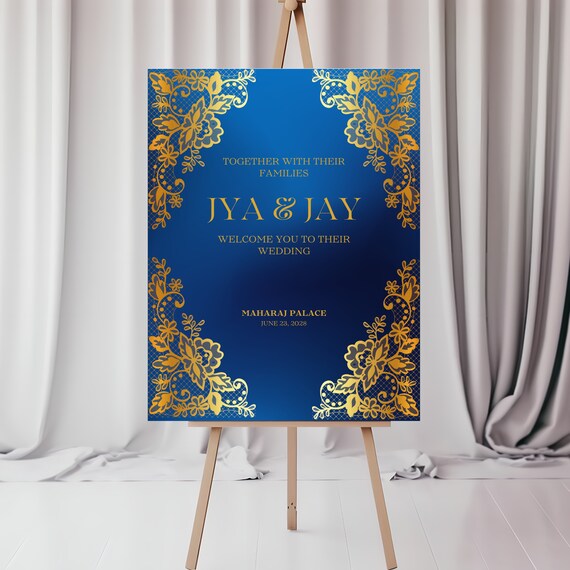 Royal Blue and Gold Indian Wedding Welcome Sign | Traditional Engagement & Wedding Entrance Signage | Elegant Personalized Decor