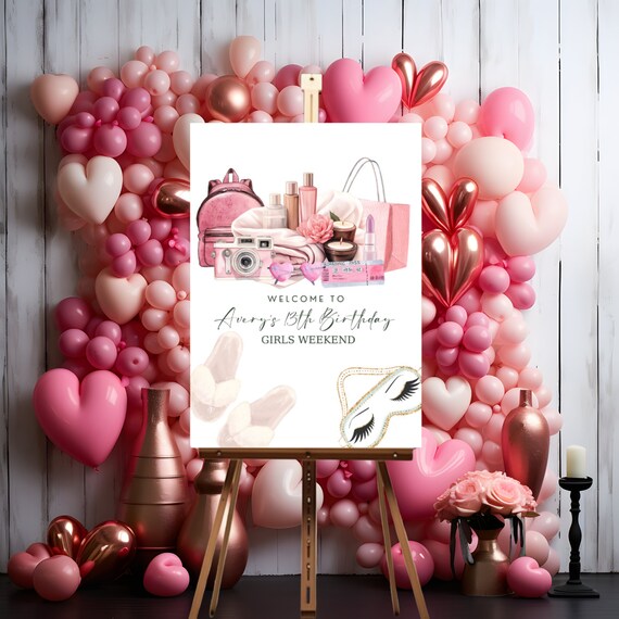 Chic Pink Birthday Weekend Welcome Sign - Girls Getaway, Spa Day, Cruise, Ladies Night Out, Printable Vacation Template - Party Banner Decor