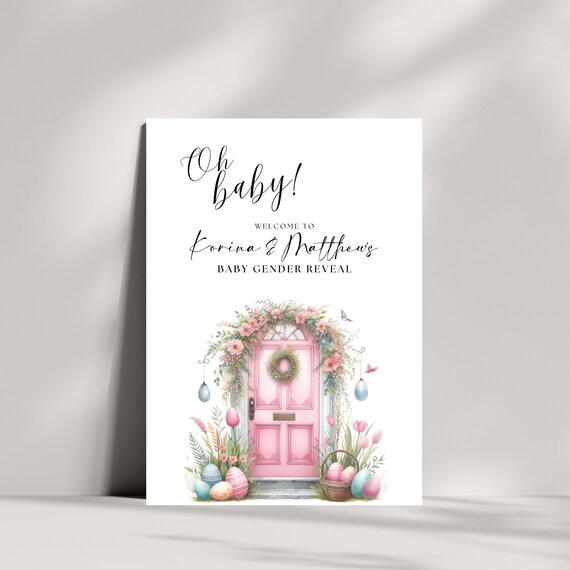 Gender Reveal Welcome Sign Template - Pink and Blue Baby Shower Banner for Easter Celebration - Editable and Printable Event Signage