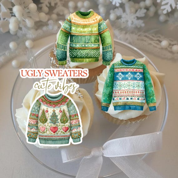 Ugly Sweater Good Vibes Christmas Cupcake Toppers | Holiday Party Decorations | Xmas Dessert Decor | Festive Winter Cupcake Decor