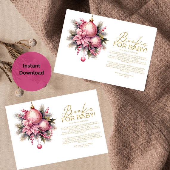 Pink Christmas Ornament Books for Baby Card Template, Winter Girl Baby Shower Cards, Holiday Winter Pink Printable Invites