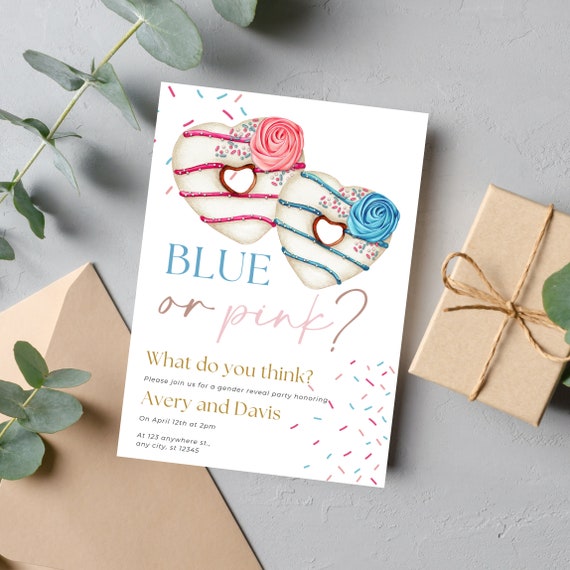 Sweet Donut Baby Shower & Gender Reveal Invitation Template - Pink and Blue Heart Donuts Design - Personalized Printable Invites