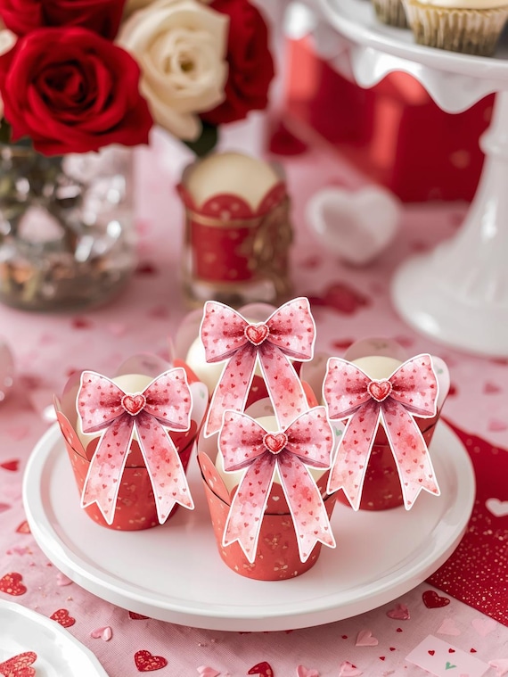 Red Heart Bow Cupcake Toppers | Valentine’s Day Cupcake & Cocktail Toppers | Heart Bow Party Decor