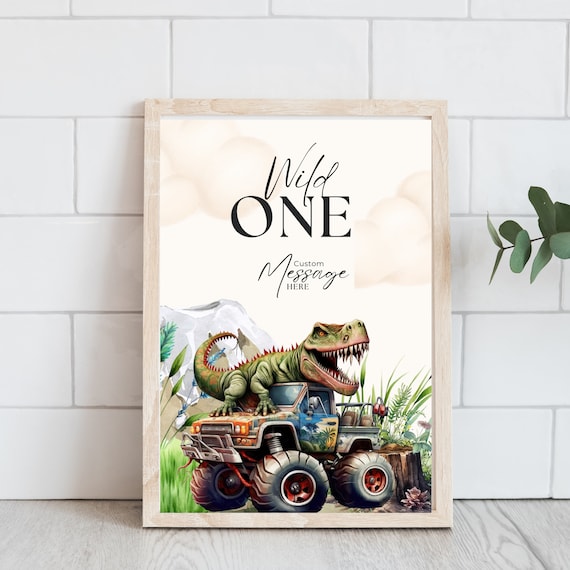 Dinosaur Monster Truck Birthday Welcome Sign Template, Wild Dino Party Printable Banner, Editable Any Age Dinosaur Bday Signs