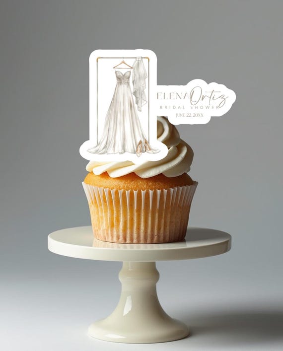 Bridal Shower Edible Cupcake Toppers, Custom Bride Dress Design with Name, Bachelorette & Bridal Party Dessert Topper