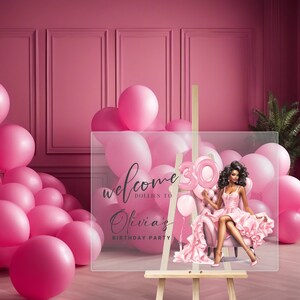 Editable Pink Doll Party Acrylic Welcome Sign - Personalized African Doll Birthday Banner - Customizable for Any Age - Doll Theme Decor -