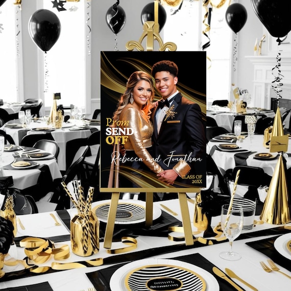 Custom Prom Send-Off Welcome Sign with Photo | Black Gold Prom Party Decor | Personalized Prom Entrance Sign | Graduation Prom Night Poster