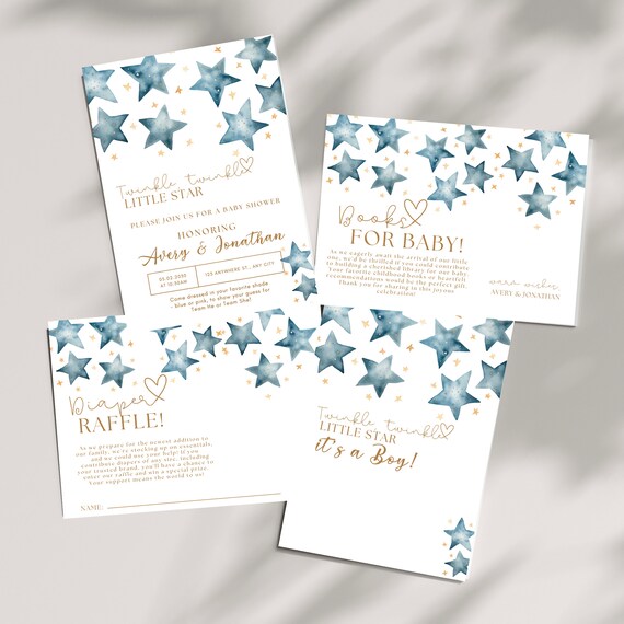 Blue Stars Baby Shower Invitation Suite - Twinkle Little Star - Printable Boy Invite - Custom DIY Books for Baby, Diaper Raffle Bundle