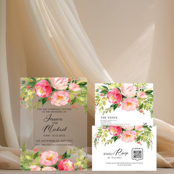 Custom Clear Acrylic Wedding Invitation Suite with RSVP & Details | Floral Watercolor Wedding Invitations | Transparent Wedding Invite Set