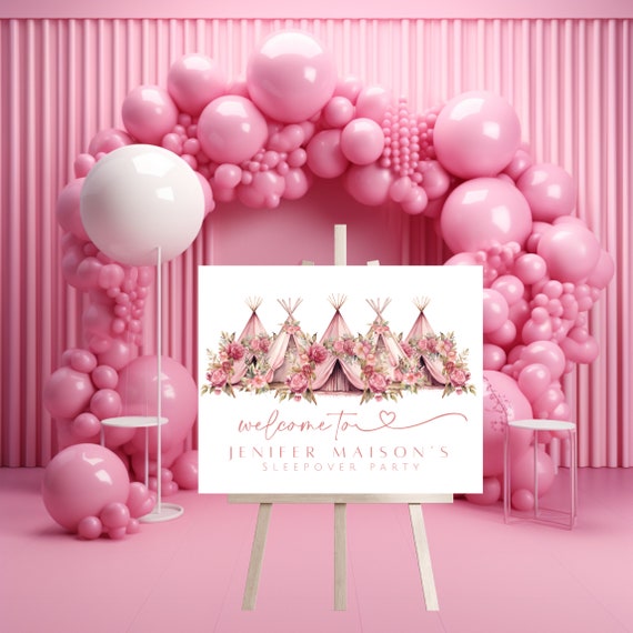 Editable Sleepover Tent Party Welcome Sign - Pink Tee-Pee Tent Slumber - Custom Birthday Printable Template for Girls, Any Age Pink Banner