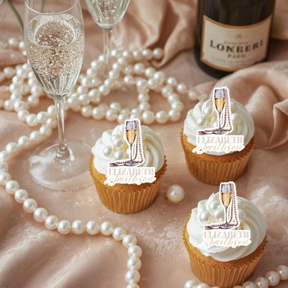 Pearls and Prosecco Cake Topper Edible | Bridal Shower Name Topper | Custom Sugar Paper Decoration | Prosecco and Pearls Party Decor