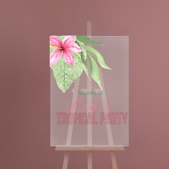Editable Tropical Pink Floral Acrylic Welcome Sign Template - Ideal for Bridal & Baby Showers, Birthdays! Pink Hibiscus Party Signage