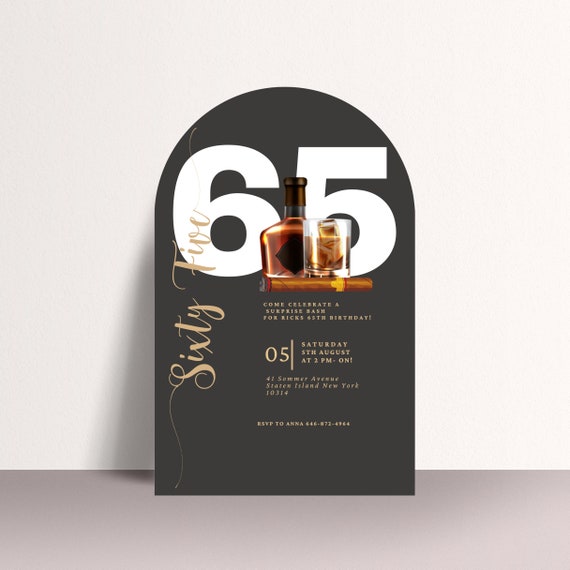Editable Arch Whiskey and Cigars Invitation, Printable Birthday Party Template, Arched Black Gold Invite, Print and Digital, #AWC