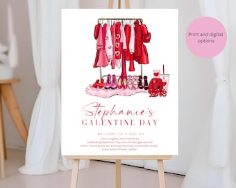 Peut inclure: Une affiche imprimable pour une fête de la Saint-Valentin. L'affiche présente une illustration rose et rouge d'un portant à vêtements avec des robes, des chaussures et un appareil photo. Le texte sur l'affiche se lit comme suit : "Stephanie's Galentine Day. Bienvenue à une journée d'amour, de rires et d'amitié ! Célébrer la Saint-Valentin avec les meilleures filles du coin ! Voici aux femmes fortes, aux souvenirs incroyables et aux rires sans fin. Profitez de chaque instant, mesdames !"
