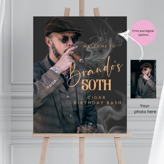 Editable Birthday Cigar Bash Welcome Sign, Printable Milestone Party Decor, Personalized Cigar Theme Banner, Customizable Celebration Sign