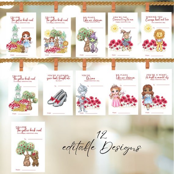 Valentine Day Follow The Yellow Brick Road Cards Template, Kids Classroom Printable Valentines Card, Editable Children Valentine Cards