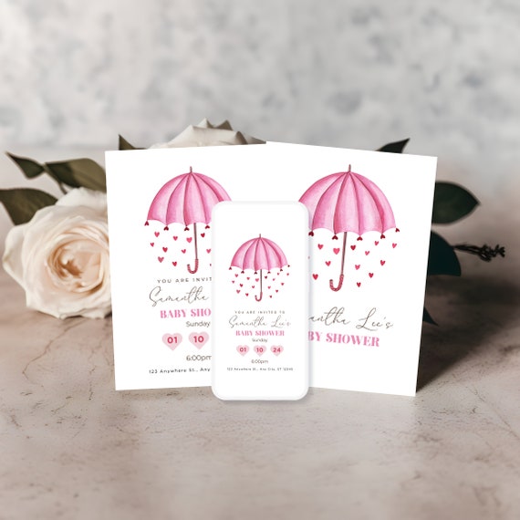 Pink Umbrella Baby Shower Invitation Template - Girl Baby Shower Printable - Customizable DIY Party Invites - Trendy Baby Shower Decor