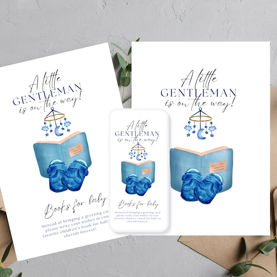 A Little Gentleman Baby Shower Books For Baby Template, Boy Baby Shower Printable, Editable Blue Baby Shower Card, Instant Download