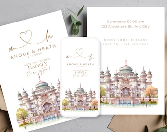 Invito stampabile per matrimonio a tema castello da favola, modello di invito per matrimonio a tema principessa, invito per festa modificabile "E vissero tutti felici e contenti"