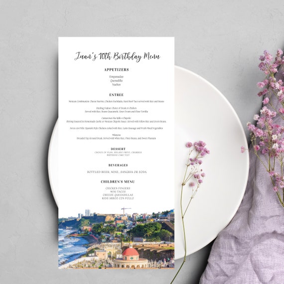 Puerto Rico Birthday Menu Template, Editable San Juan Birthday Menu Printable, Puerto Rico Skyline, Print and Digital , #PRSJ
