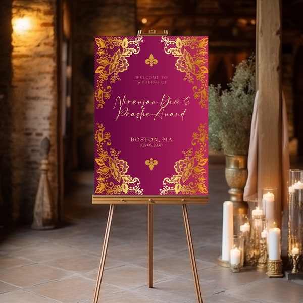 Royal Indian Wedding Welcome Sign - Hindu Decor & Engagement Entrance - Editable Template for Grand Celebration, Print and Digital