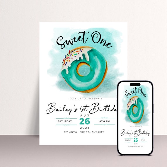 Sweet One Birthday Invitation, Turquoise 1st Birthday Party, Donut Bday Invitation, She’s a Sweet One Invitations, Instant Download, #DBT