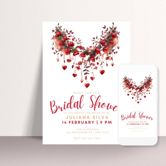 Valentine Bridal Shower Invitation Template, Red and Gold Floral Hearts Bridal Shower Invite, Editable Bride to be Shower, Digital and Print