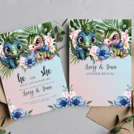 He or She Dinosaur Gender Reveal Invitation, Editable Blue and Pink Gender Reveal Party, Dino Flowers Baby shower invite, Print an Digital