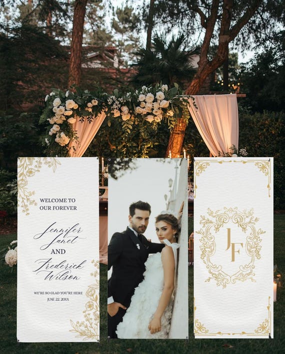 Gold Wedding Banner – Elegant Simple Photo Banner for Wedding, Reception, Engagement, Party Decor