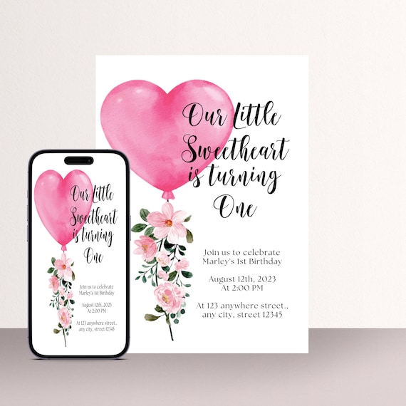 Little Sweetheart Birthday Party Invitation, Valentine Birthday Party Invitations, Pink Floral Heart Balloon Invite, Digital and Print, #BHF