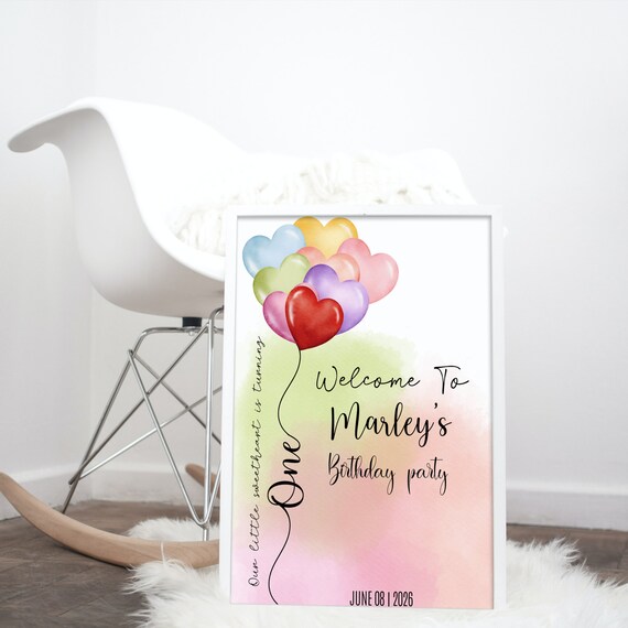 Rainbow Heart Balloons Birthday Welcome Sign, First Birthday Signs, Digital Party Banner, Watercolor Heart Balloon, #HBR