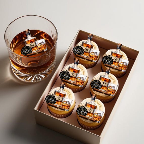 Whiskey Birthday Edible Cupcake & Cake Toppers – Custom Cocktail Drink Decorations for Men’s Birthday Party, Whiskey Lovers Cake Decor