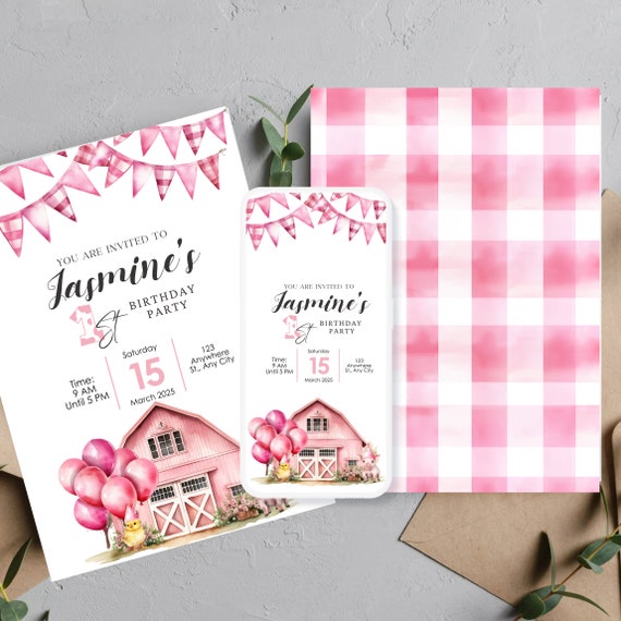 Personalized Pink Farm Birthday Invitation, Custom Barnyard Party Invite Template, Farm Animals Theme for All Ages Girl's, Pink Farmhouse