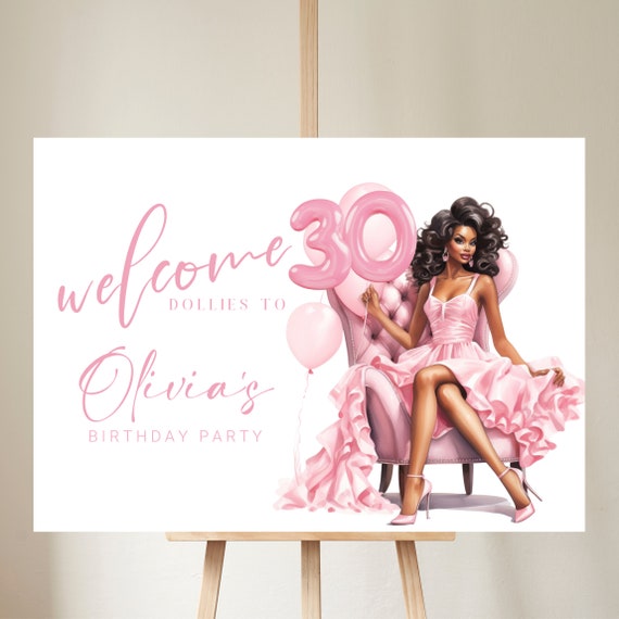 Editable Pink Doll Party Welcome Sign - Personalized African Doll Birthday Banner - Customizable Any Age -  Doll Theme Decor -