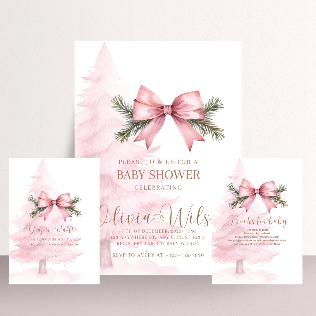 Pink Christmas Tree Baby Shower Invitation Bundle, Winter Girl Baby
