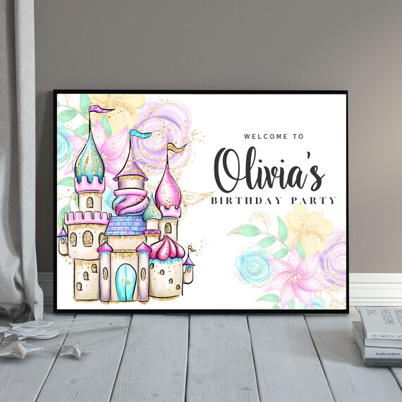 Princess Castle Welcome Sign, Personalized Castle Signs, Custom Party Banner, Castle Floral Banners, Instant Download