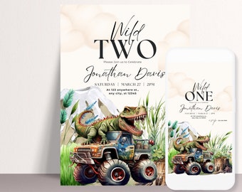 Dinosaur Monster Truck Birthday Invitation Template, Wild Dino Party Printable Invite, Editable Any Age Dinosaur Bday Invitations