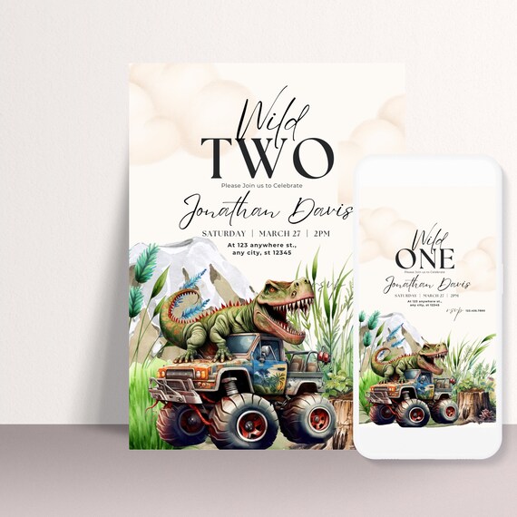 Dinosaur Monster Truck Birthday Invitation Template, Wild Dino Party Printable Invite, Editable Any Age Dinosaur Bday Invitations